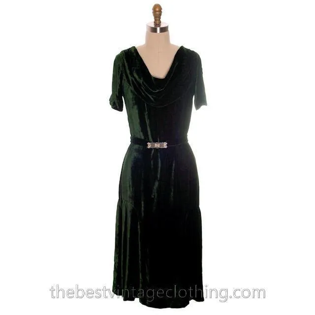 Vintage Antique 1920s Evergreen Silk Velvet Dress & Jacket Art Deco Beauty S-M