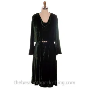 Vintage Antique 1920s Evergreen Silk Velvet Dress & Jacket Art Deco Beauty S-M