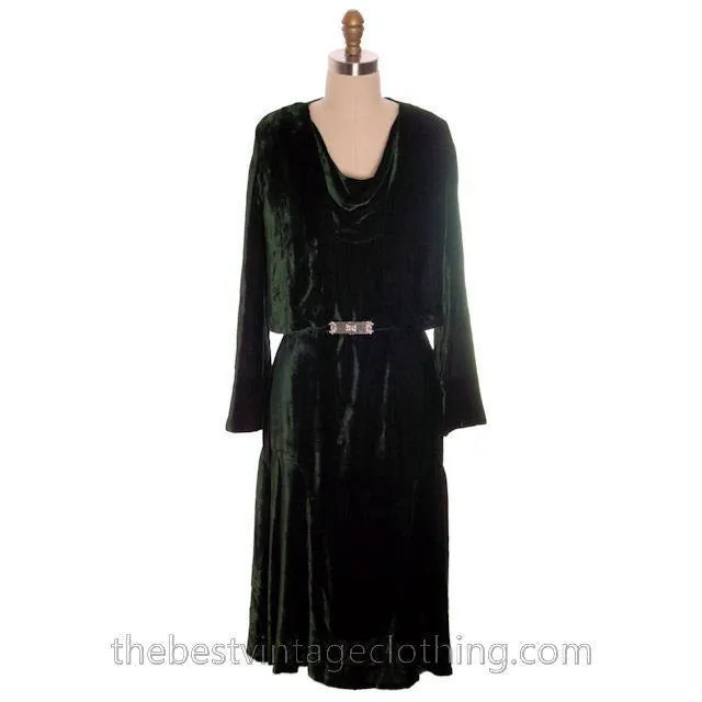 Vintage Antique 1920s Evergreen Silk Velvet Dress & Jacket Art Deco Beauty S-M
