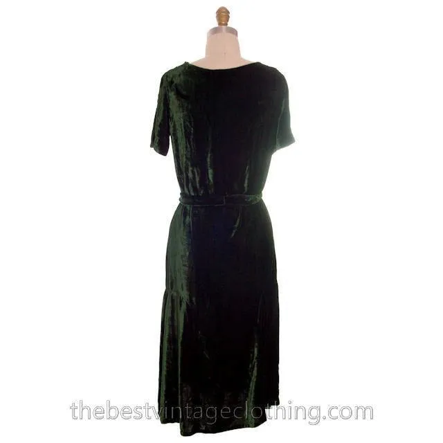 Vintage Antique 1920s Evergreen Silk Velvet Dress & Jacket Art Deco Beauty S-M