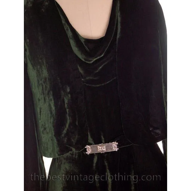 Vintage Antique 1920s Evergreen Silk Velvet Dress & Jacket Art Deco Beauty S-M