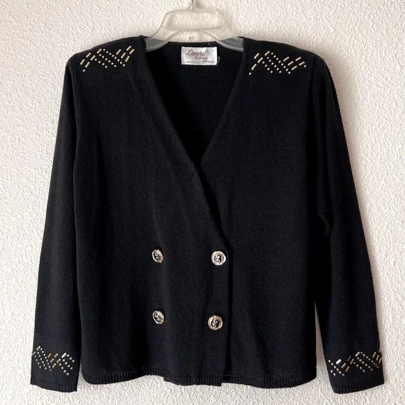 Vintage Laura petites sweater cardigan shoulder pads black studded Sz 10