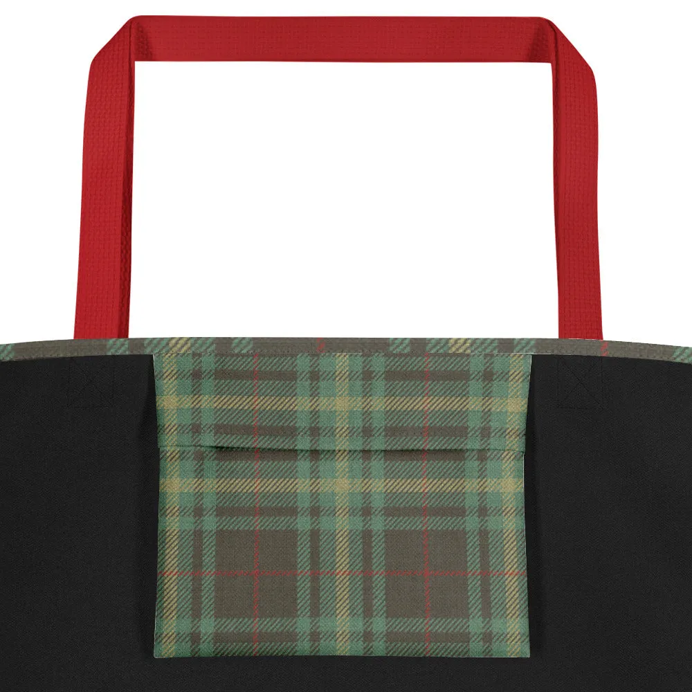 Vintage Teal Plaid Large Tote Bag