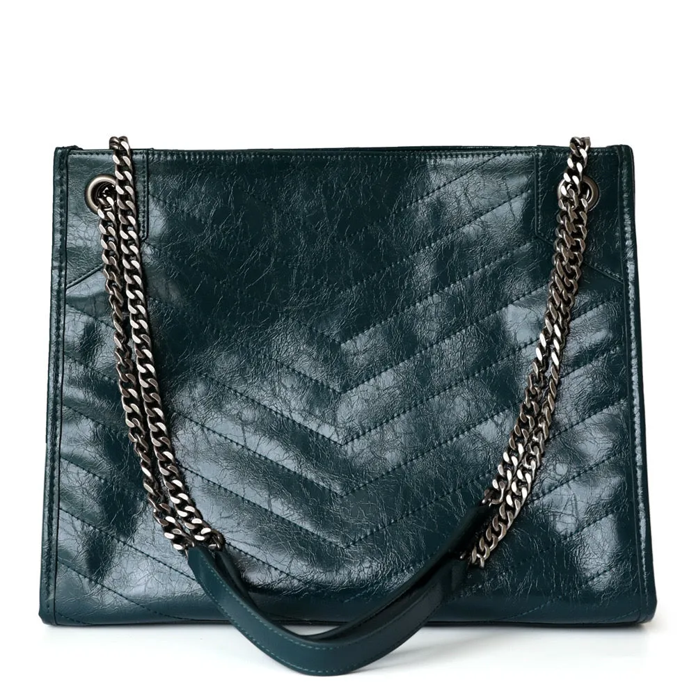 Wax Leather Quilted Shoulder Bag Tote Bag