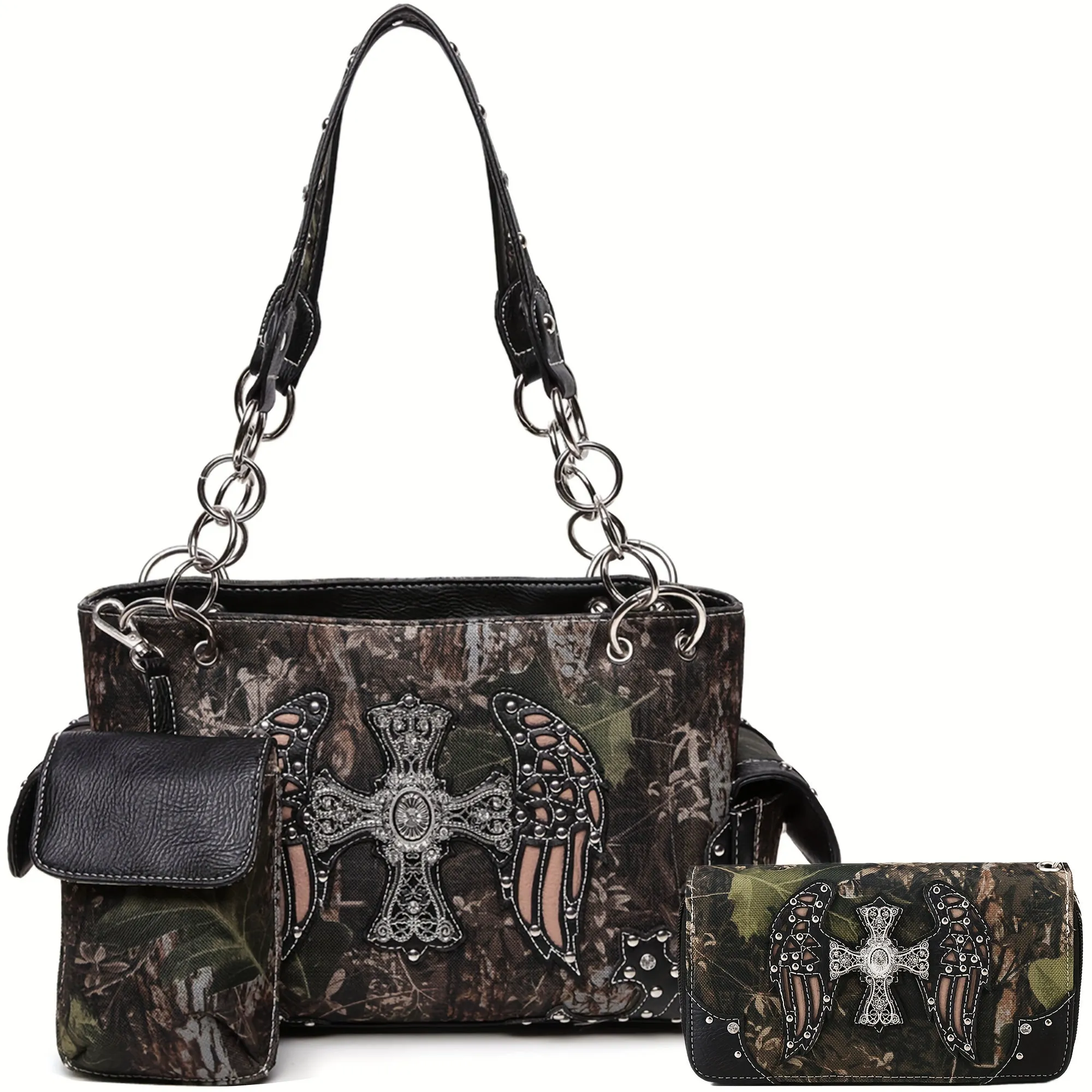 Western Chic Studded Shoulder Bag Set Camouflage Cross Wings  Multiple Compartments