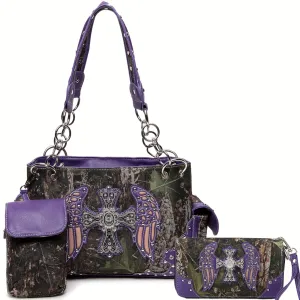 Western Chic Studded Shoulder Bag Set Camouflage Cross Wings  Multiple Compartments