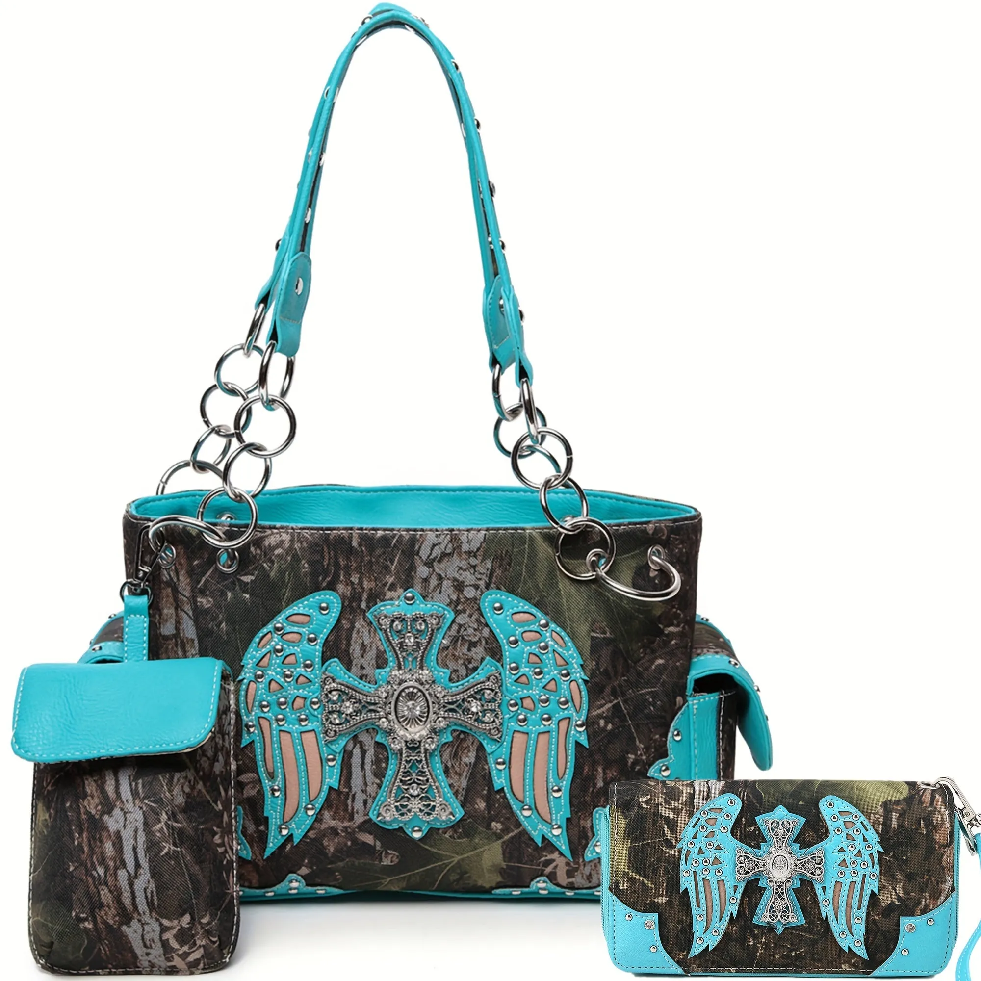 Western Chic Studded Shoulder Bag Set Camouflage Cross Wings  Multiple Compartments
