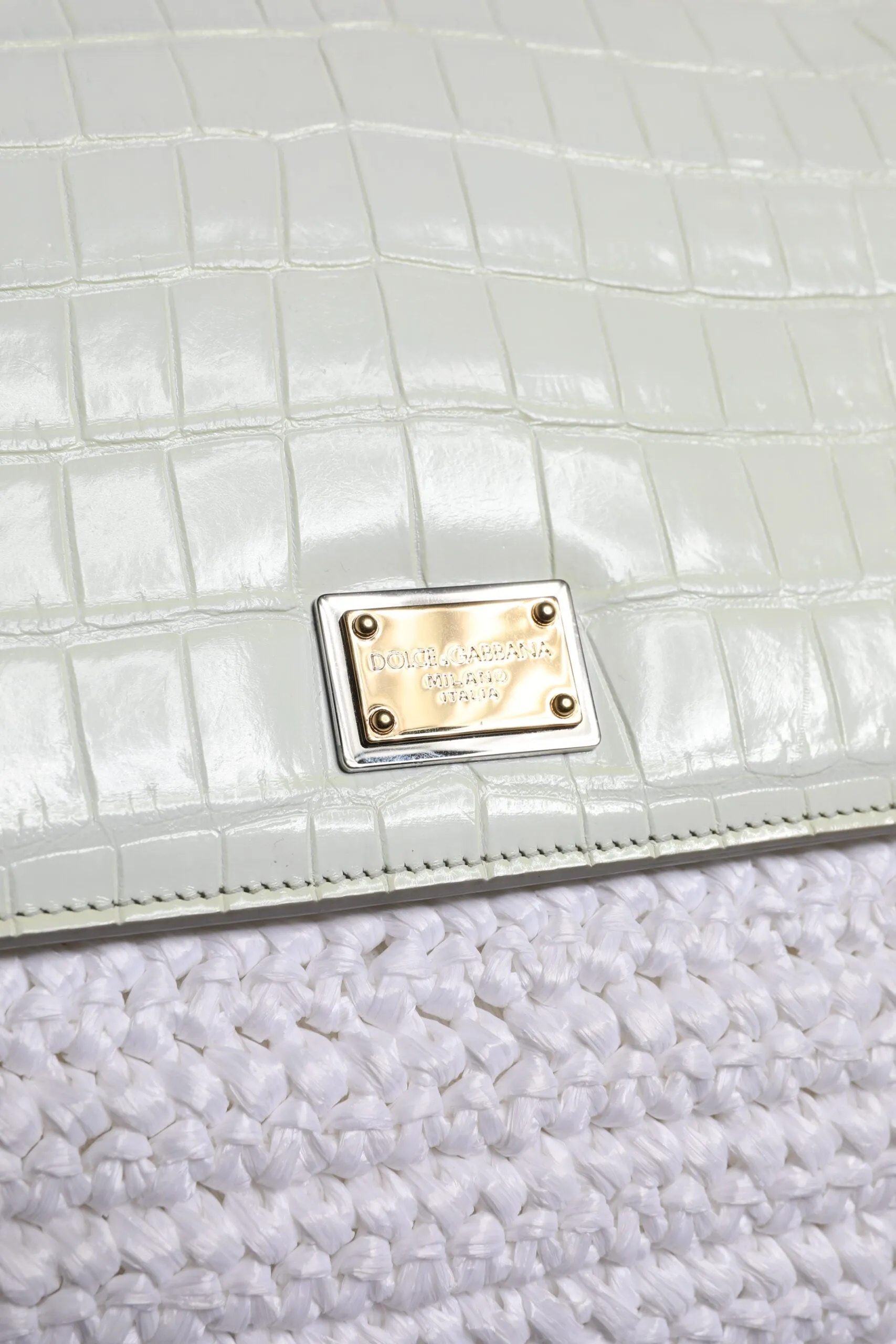 White Rafia Leather Top Handle Crossbody Bag