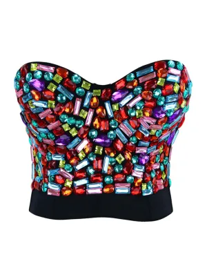 Women Rhinestone Push Up Bra Studded Gem Clubwear Party Bustier Crop Top