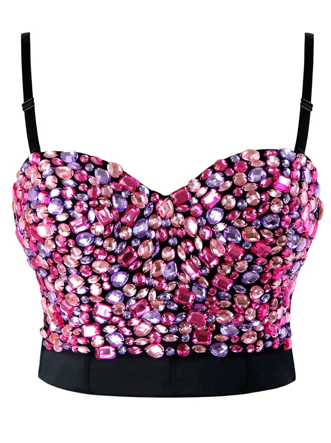 Women Rhinestone Push Up Bra Studded Gem Clubwear Party Bustier Crop Top