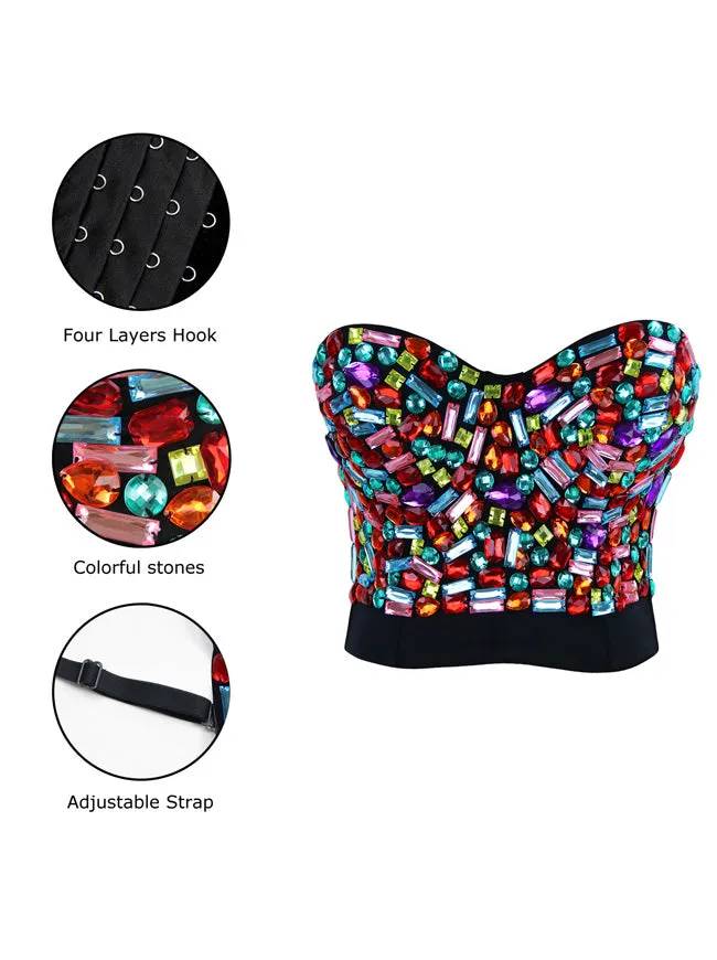 Women Rhinestone Push Up Bra Studded Gem Clubwear Party Bustier Crop Top