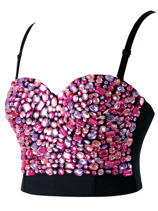 Women Rhinestone Push Up Bra Studded Gem Clubwear Party Bustier Crop Top