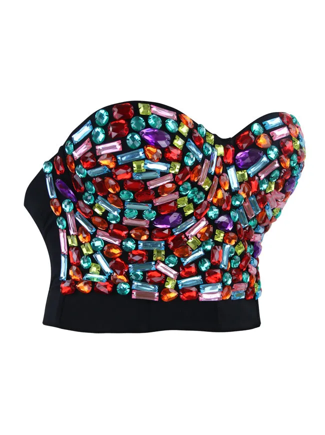 Women Rhinestone Push Up Bra Studded Gem Clubwear Party Bustier Crop Top