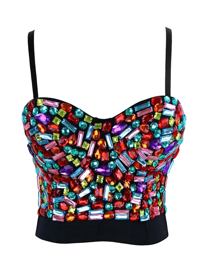 Women Rhinestone Push Up Bra Studded Gem Clubwear Party Bustier Crop Top