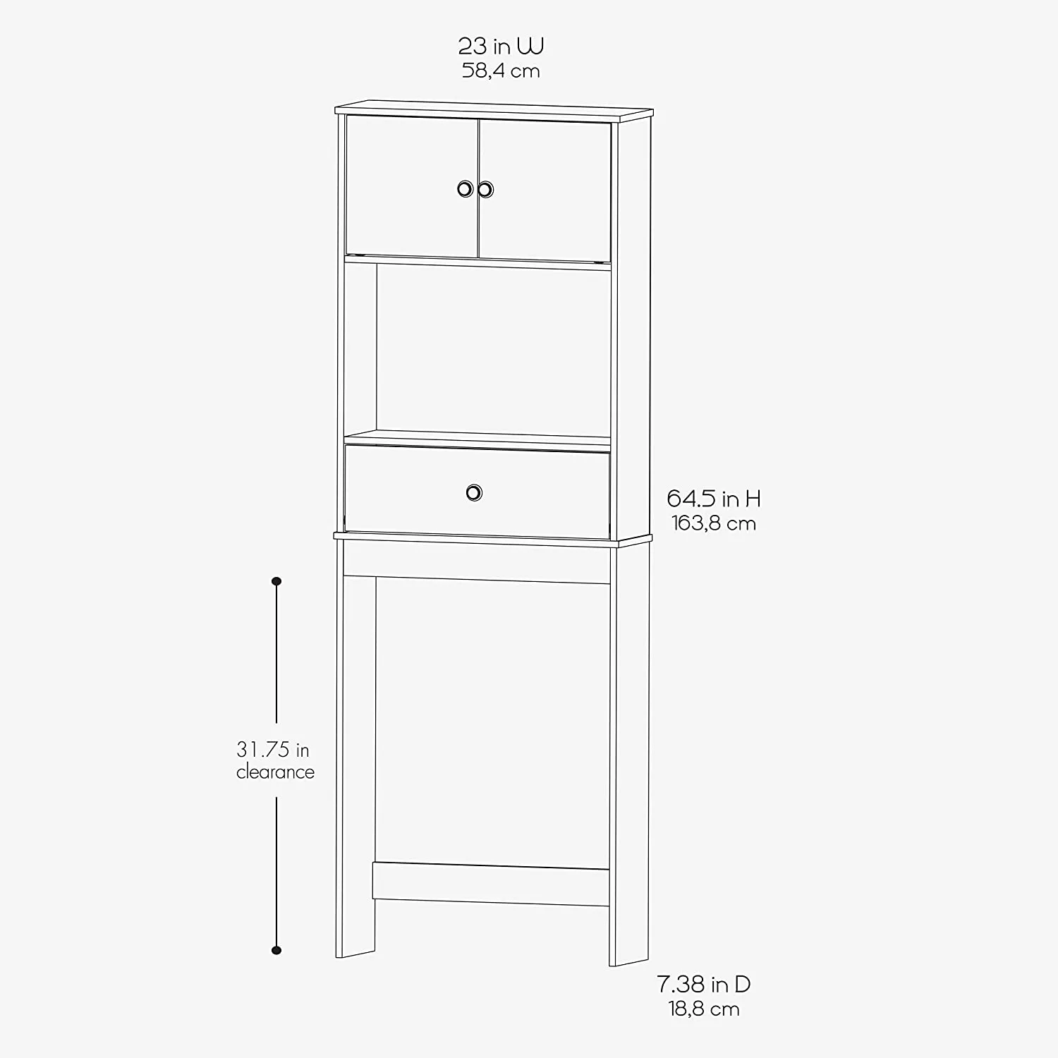 Zenna Home 9401W, Drop Door Bathroom Spacesaver, White! Two cabinet doors with chrome-finished knobs open to reveal a hidden storage shelf.
