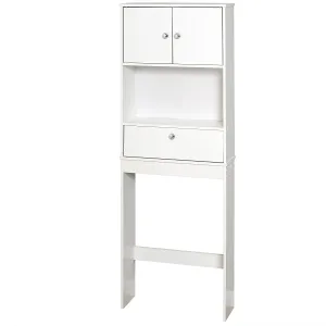 Zenna Home 9401W, Drop Door Bathroom Spacesaver, White! Two cabinet doors with chrome-finished knobs open to reveal a hidden storage shelf.