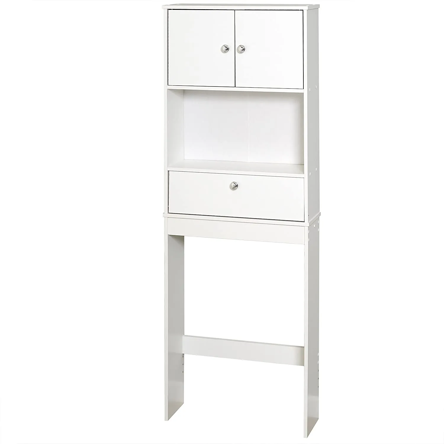 Zenna Home 9401W, Drop Door Bathroom Spacesaver, White! Two cabinet doors with chrome-finished knobs open to reveal a hidden storage shelf.