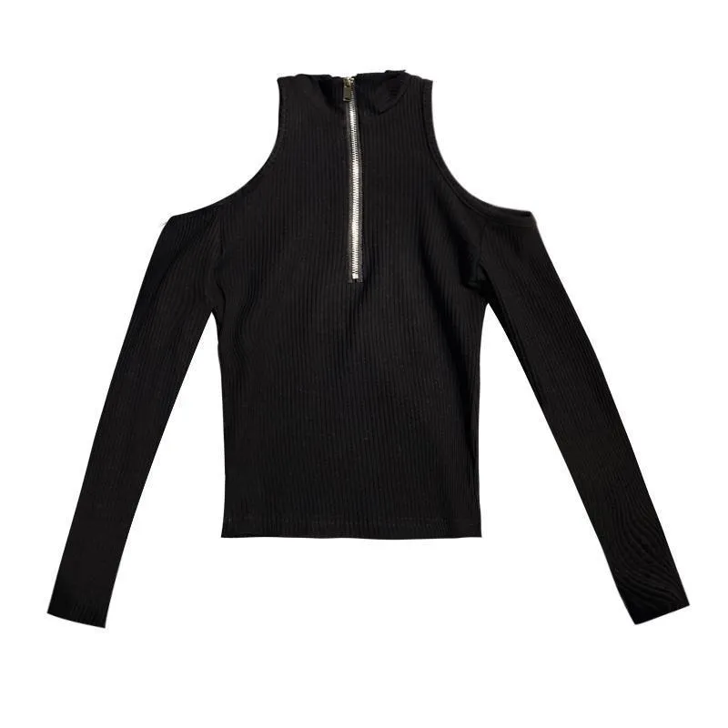 Zipper Shoulder-less Slim Shirt