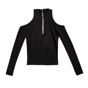 Zipper Shoulder-less Slim Shirt