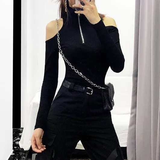 Zipper Shoulder-less Slim Shirt